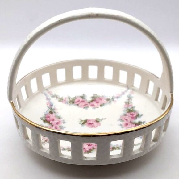 Antique Signed Max Roesler Pierced Porcelain Floral Basket Germany #4919 - Picture 4 of 8
